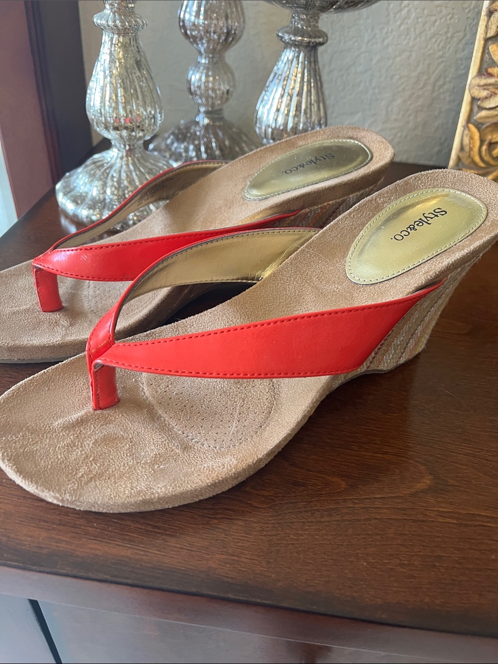 Style & Co. Red Wedge Thong Sandals with Tan Cork 3&1/2 Inch Heel - Size 9